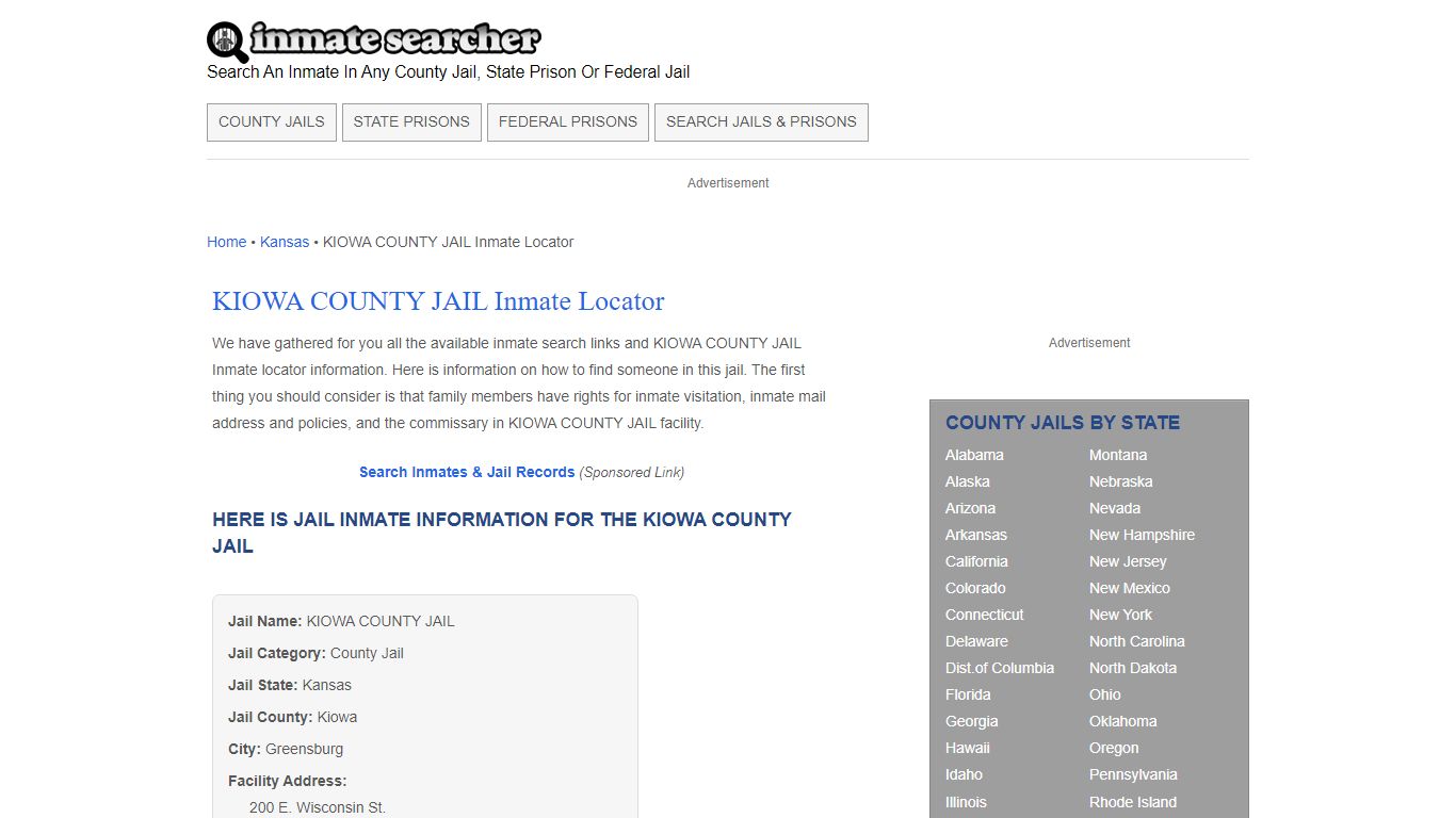 KIOWA COUNTY JAIL Inmate Locator - Inmate Searcher
